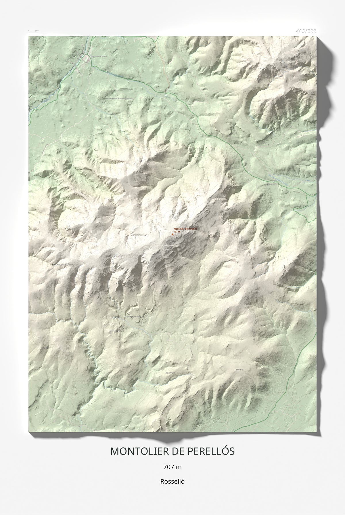 Mapa topográfico del relieve: Montolier de Perellós, 707 m. Lámina completa. 61 × 91 cm.