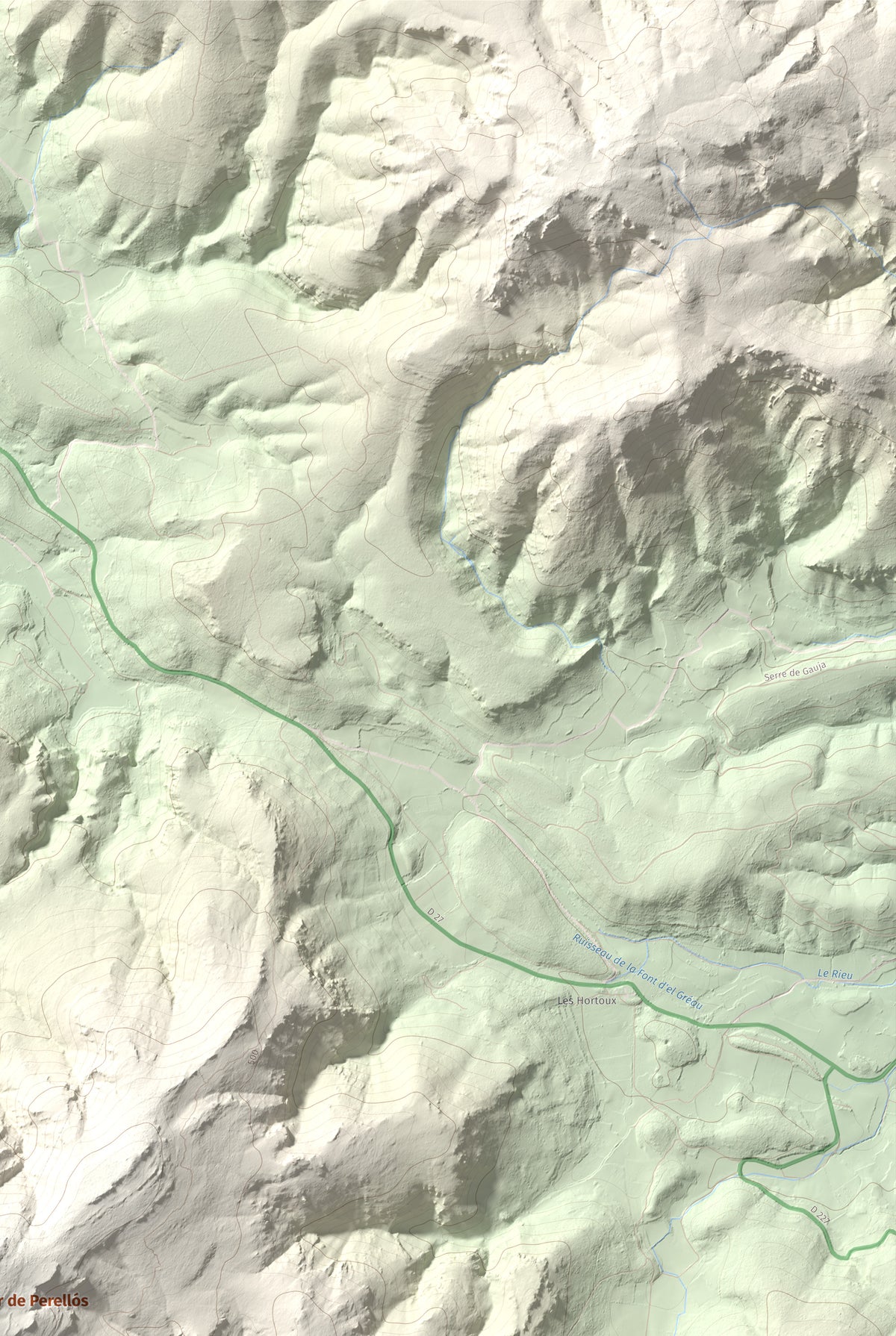 Mapa topográfico del relieve: Montolier de Perellós, 707 m. Detalle de la zona superior derecha. 61 × 91 cm.