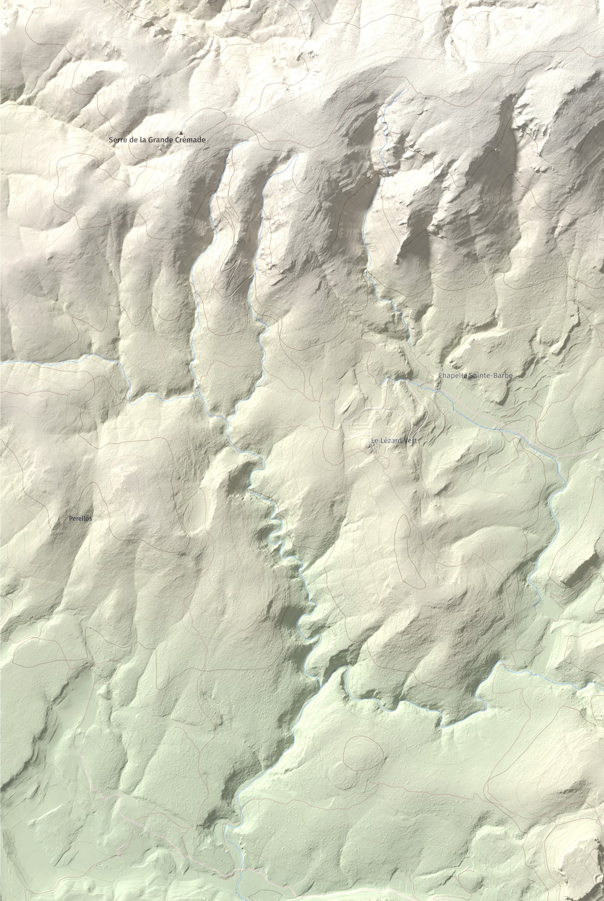 Mapa topográfico del relieve: Montolier de Perellós, 707 m. Detalle de la zona inferior izquierda. 61 × 91 cm.