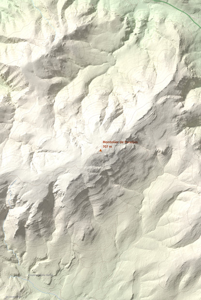 Mapa topográfico del relieve: Montolier de Perellós, 707 m. Detalle de la zona central. 61 × 91 cm.
