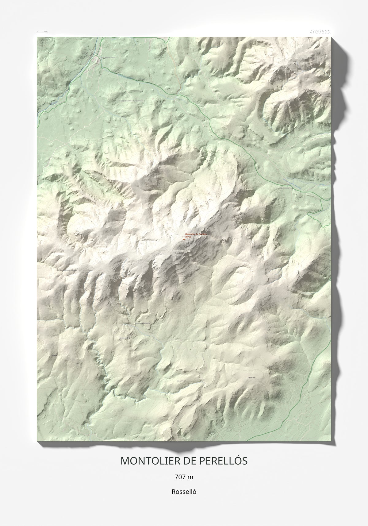 Mapa topográfico del relieve: Montolier de Perellós, 707 m. Lámina completa. 70 × 100 cm.