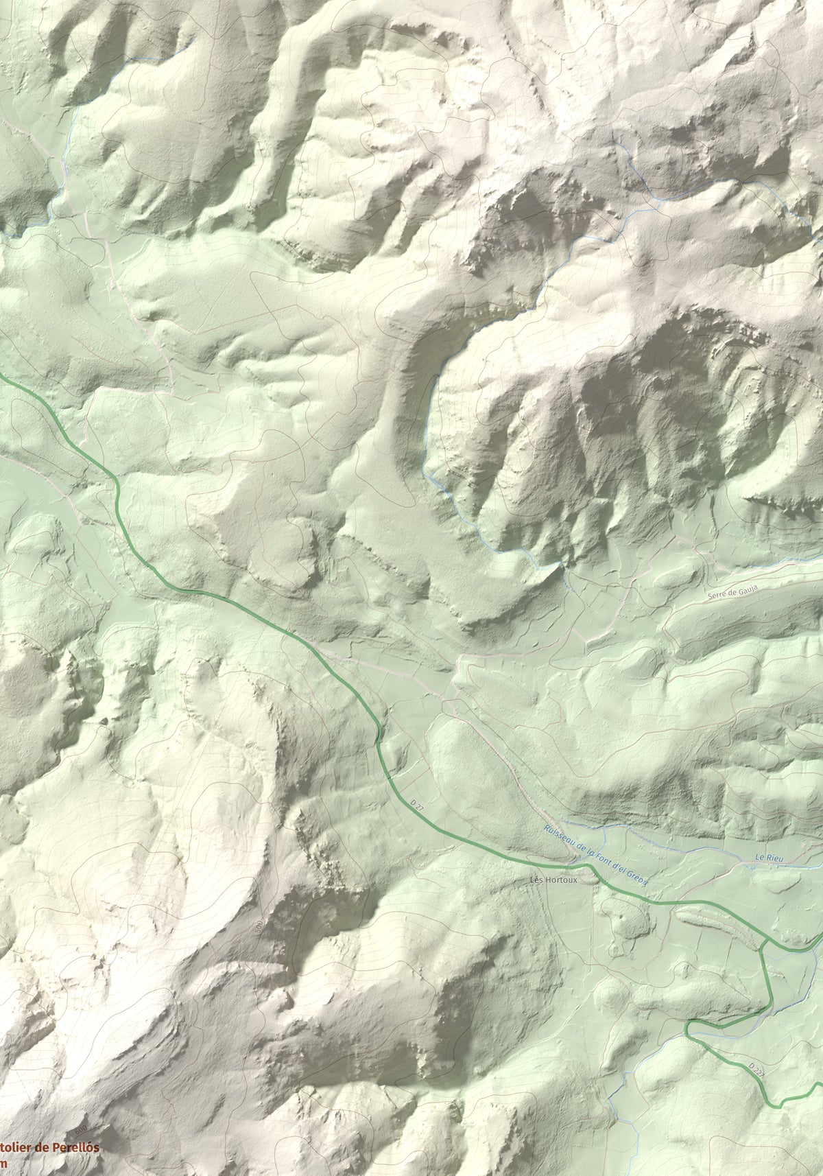 Mapa topográfico del relieve: Montolier de Perellós, 707 m. Detalle de la zona superior derecha. 70 × 100 cm.