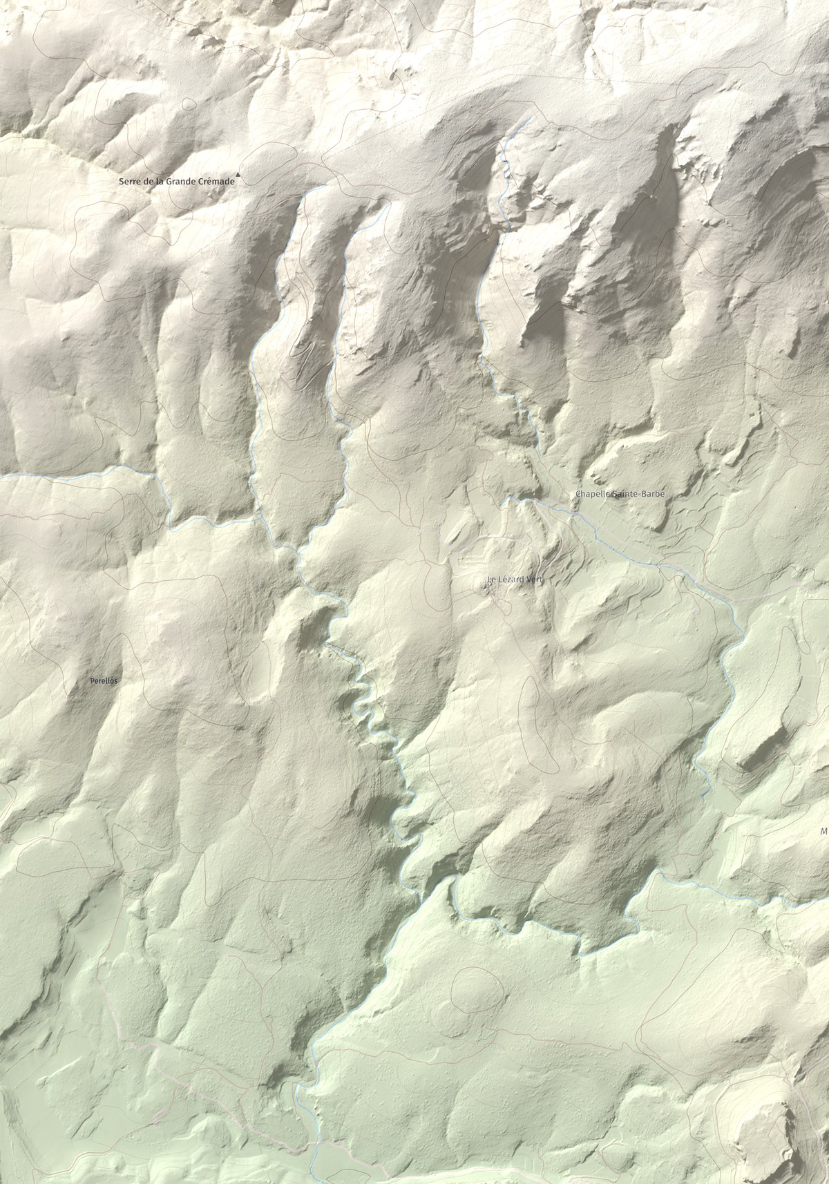 Mapa topográfico del relieve: Montolier de Perellós, 707 m. Detalle de la zona inferior izquierda. 70 × 100 cm.
