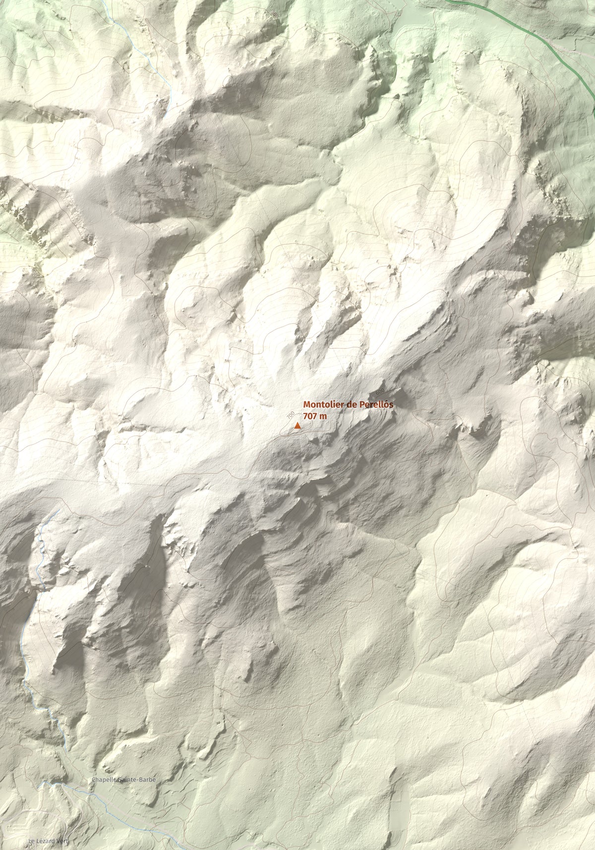 Mapa topográfico del relieve: Montolier de Perellós, 707 m. Detalle de la zona central. 70 × 100 cm.