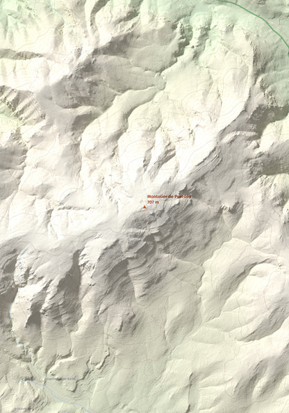 Mapa topográfico del relieve: Montolier de Perellós, 707 m. Detalle de la zona central. 70 × 100 cm.