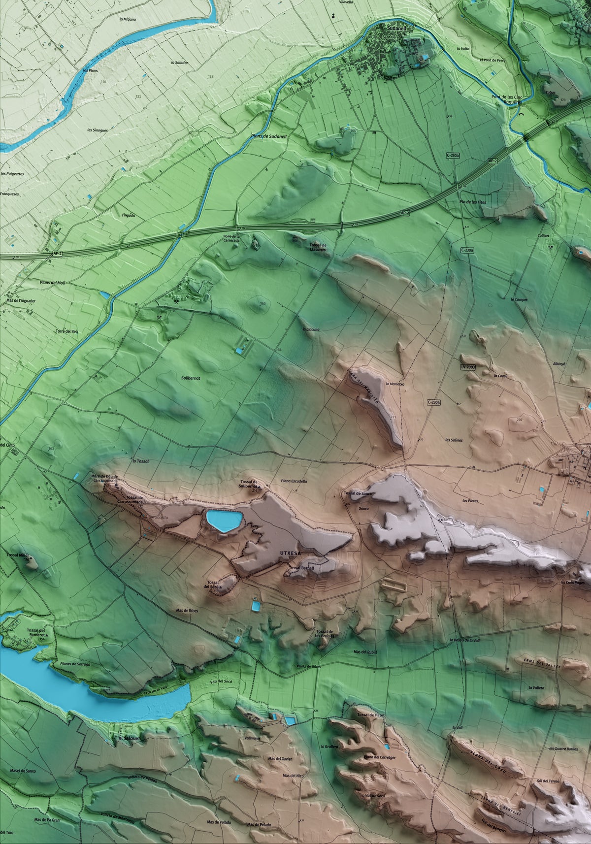 Mapa artístico del relieve de Montoliu de Lleida, al Segrià, con 15 km de entorno y base topográfica ICGC. Detalle de la zona inferior izquierda.