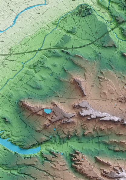 Mapa artístico del relieve de Montoliu de Lleida, al Segrià, con 15 km de entorno y base topográfica ICGC. Detalle de la zona inferior izquierda.
