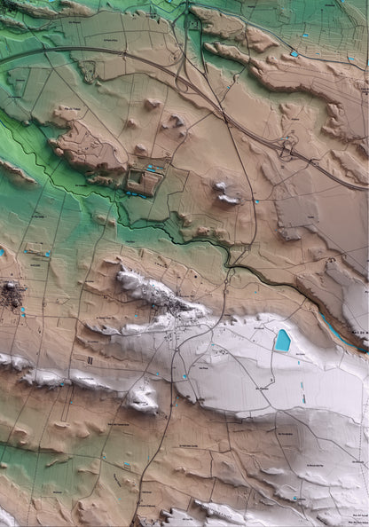 Mapa artístico del relieve de Montoliu de Lleida, al Segrià, con 15 km de entorno y base topográfica ICGC. Detalle de la zona inferior derecha.