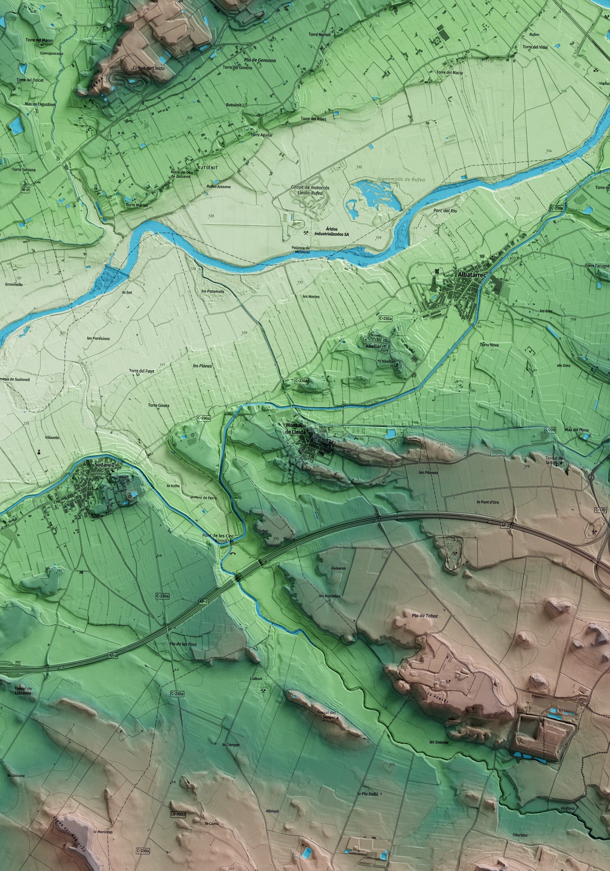Mapa artístico del relieve de Montoliu de Lleida, al Segrià, con 15 km de entorno y base topográfica ICGC. Detalle de la zona central.