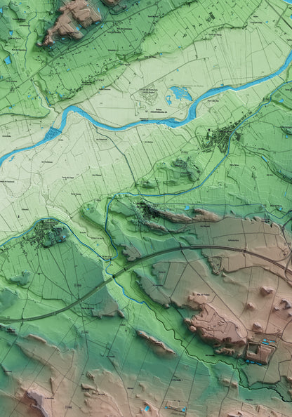 Mapa artístico del relieve de Montoliu de Lleida, al Segrià, con 15 km de entorno y base topográfica ICGC. Detalle de la zona central.