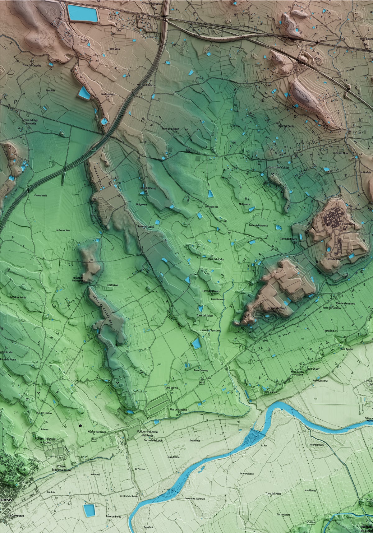 Mapa artístico del relieve de Montoliu de Lleida, al Segrià, con 15 km de entorno y base topográfica ICGC. Detalle de la zona superior izquierda.