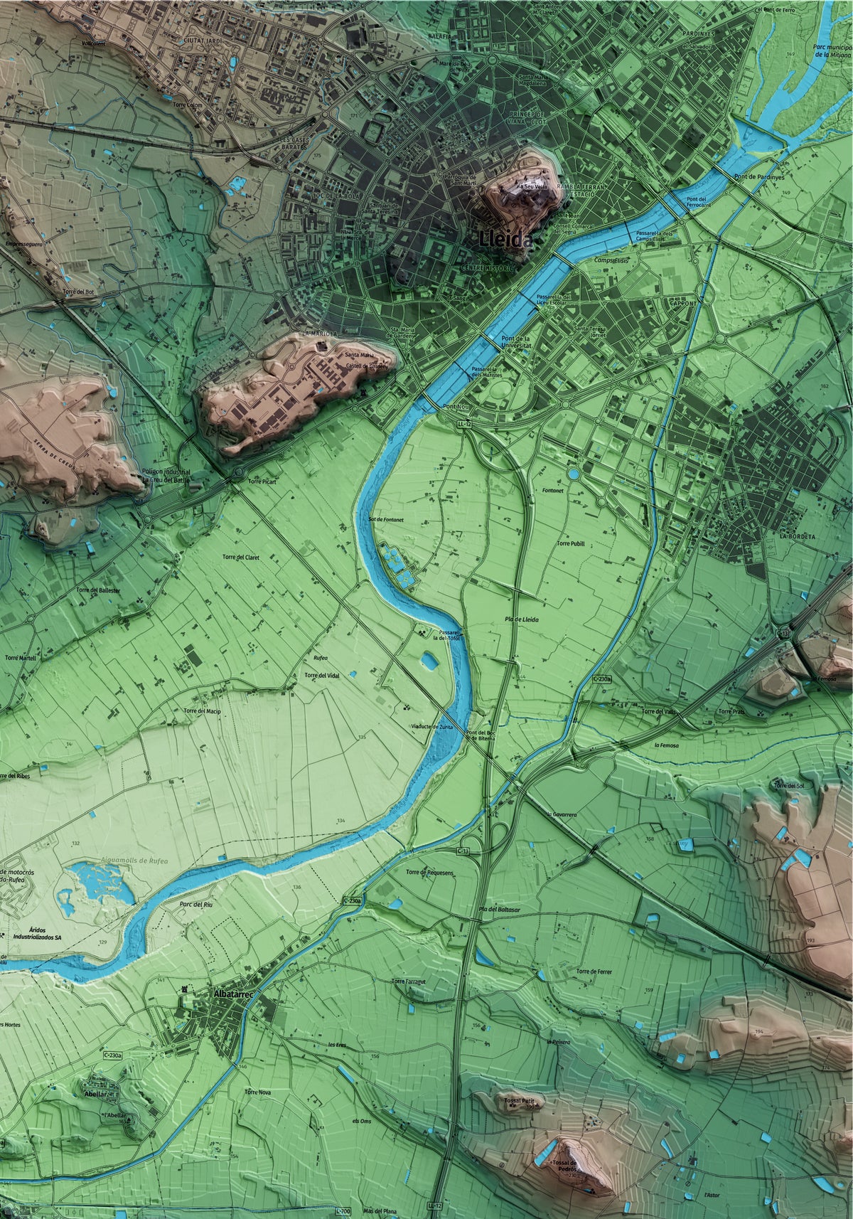 Mapa artístico del relieve de Montoliu de Lleida, al Segrià, con 15 km de entorno y base topográfica ICGC. Detalle de la zona superior derecha.