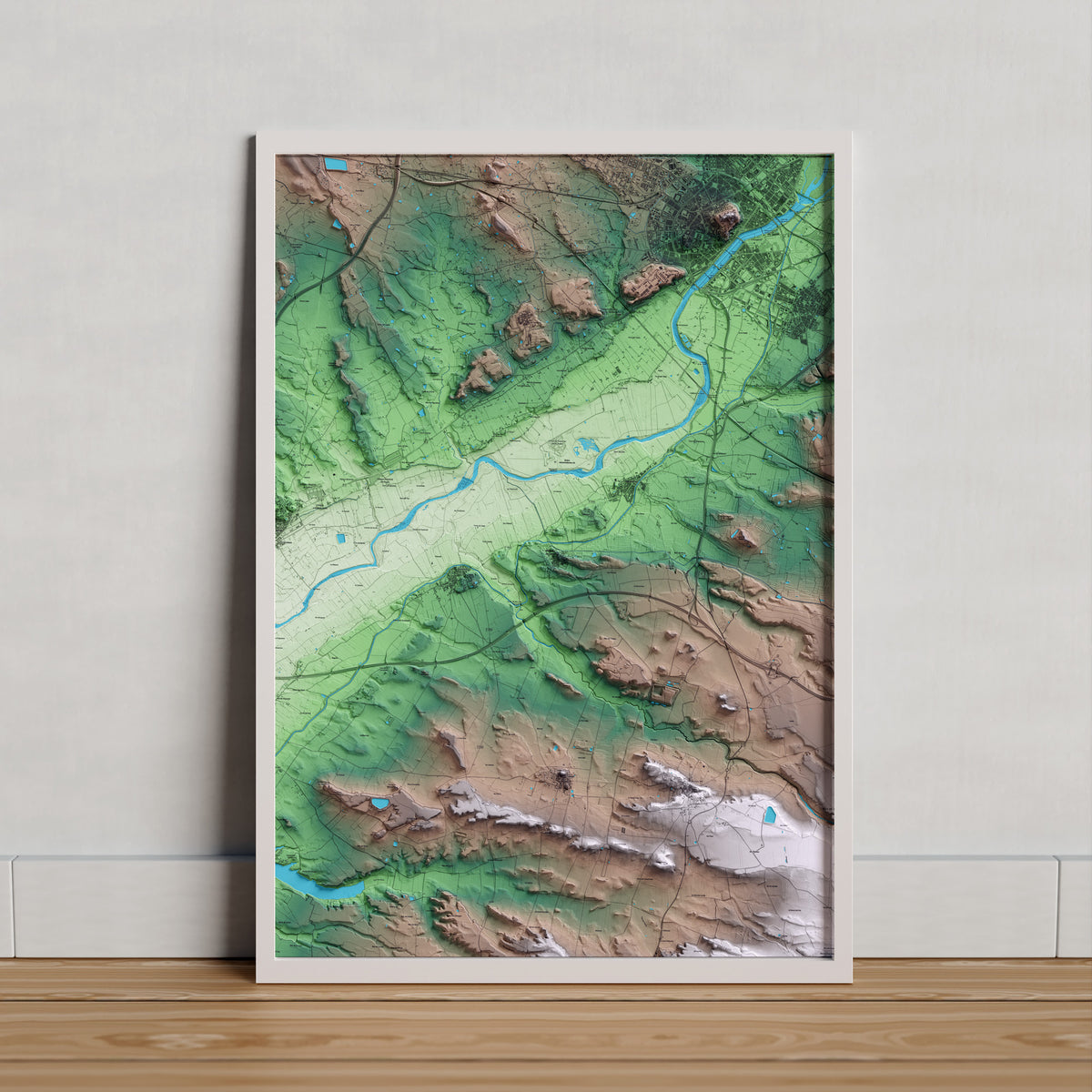 Mapa artístico del relieve de Montoliu de Lleida, al Segrià, con 15 km de entorno y base topográfica ICGC. Presentación enmarcada.