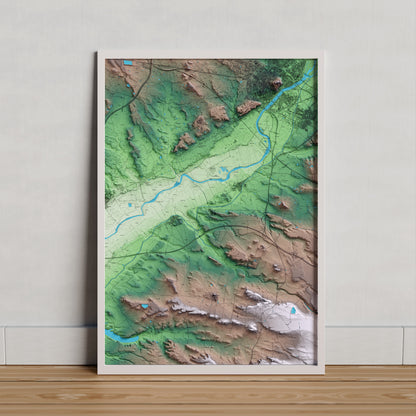 Mapa artístico del relieve de Montoliu de Lleida, al Segrià, con 15 km de entorno y base topográfica ICGC. Presentación enmarcada.