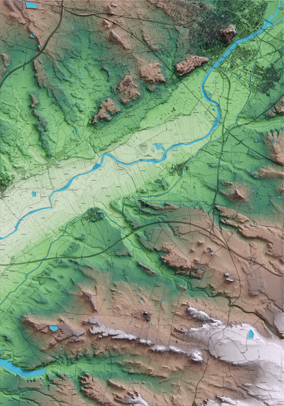 Mapa artístico del relieve de Montoliu de Lleida, al Segrià, con 15 km de entorno y base topográfica ICGC