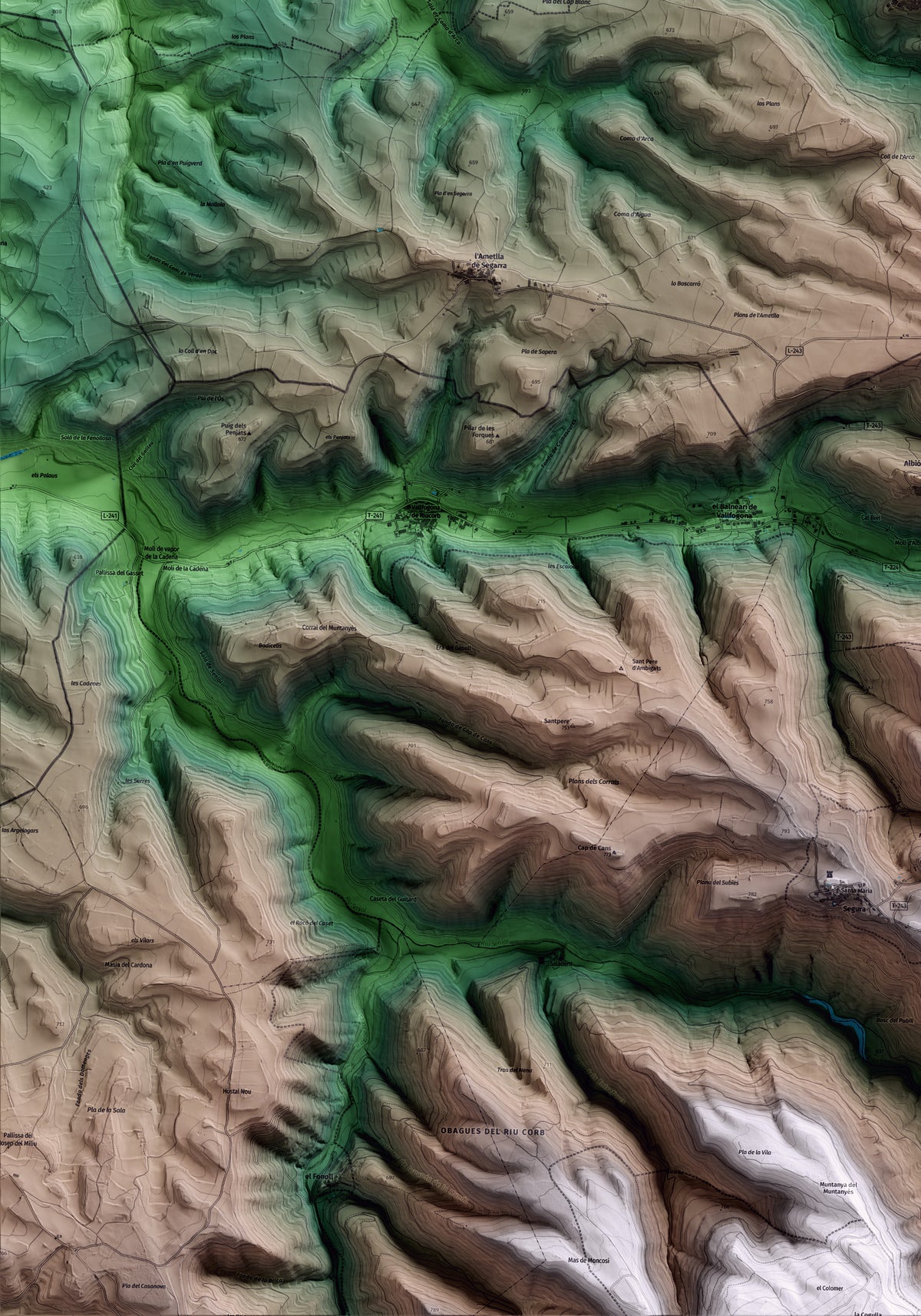 Mapa artístico del relieve de Montoliu de Segarra, a la Segarra, con 15 km de entorno y base topográfica ICGC. Detalle de la zona inferior izquierda.