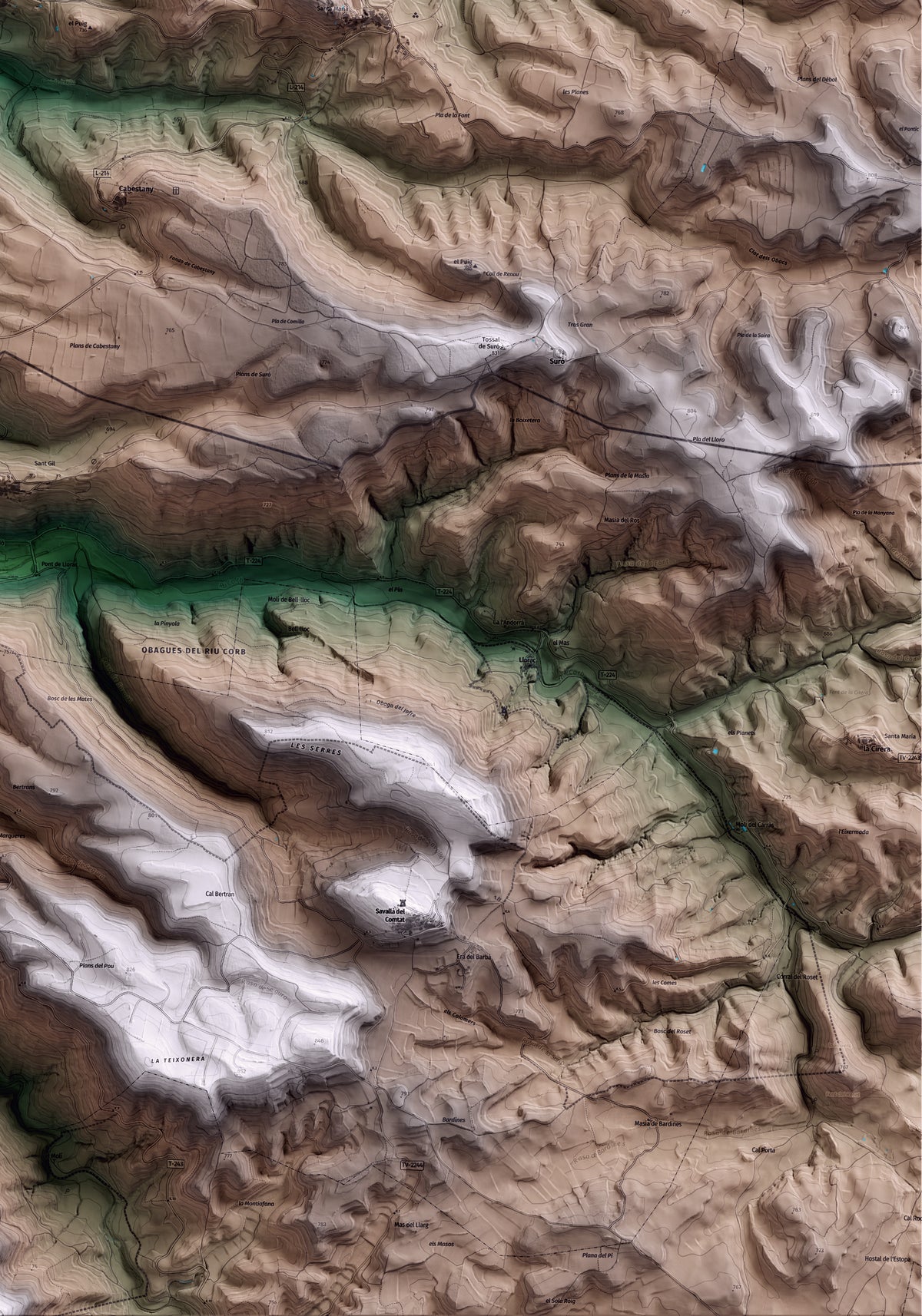 Mapa artístico del relieve de Montoliu de Segarra, a la Segarra, con 15 km de entorno y base topográfica ICGC. Detalle de la zona inferior derecha.