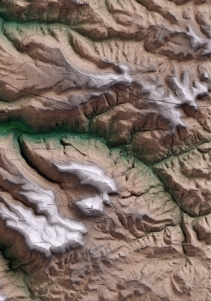 Mapa artístico del relieve de Montoliu de Segarra, a la Segarra, con 15 km de entorno y base topográfica ICGC. Detalle de la zona inferior derecha.