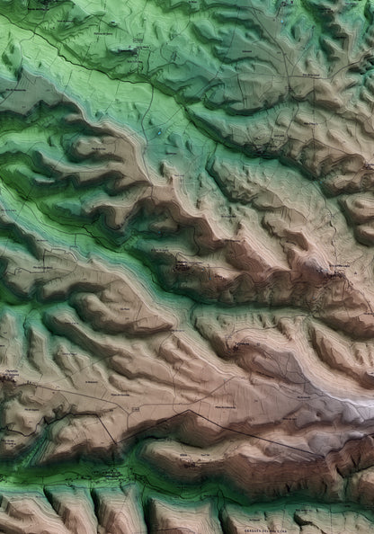Mapa artístico del relieve de Montoliu de Segarra, a la Segarra, con 15 km de entorno y base topográfica ICGC. Detalle de la zona central.