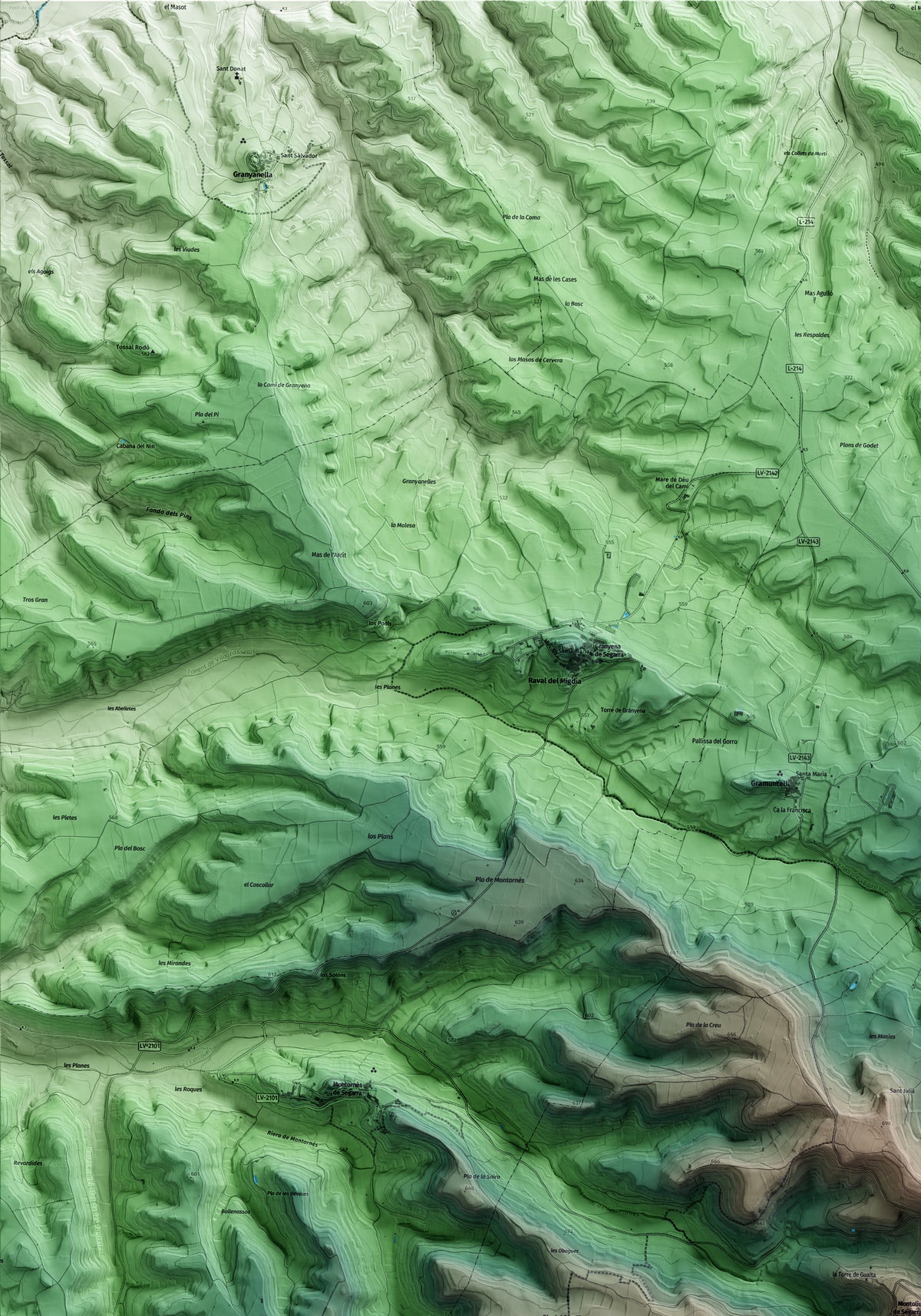 Mapa artístico del relieve de Montoliu de Segarra, a la Segarra, con 15 km de entorno y base topográfica ICGC. Detalle de la zona superior izquierda.