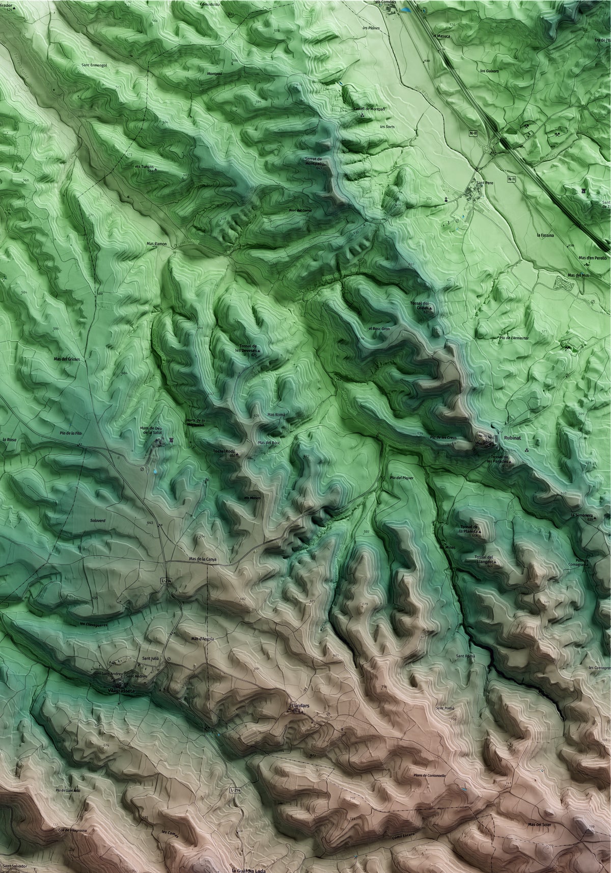 Mapa artístico del relieve de Montoliu de Segarra, a la Segarra, con 15 km de entorno y base topográfica ICGC. Detalle de la zona superior derecha.