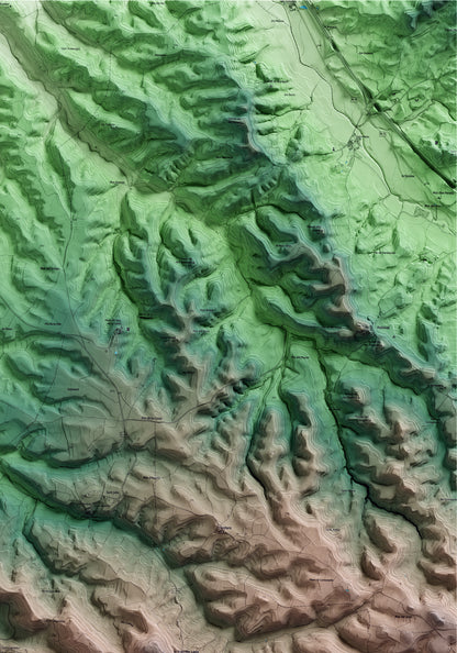 Mapa artístico del relieve de Montoliu de Segarra, a la Segarra, con 15 km de entorno y base topográfica ICGC. Detalle de la zona superior derecha.