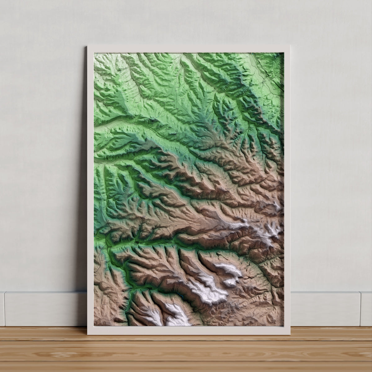 Mapa artístico del relieve de Montoliu de Segarra, a la Segarra, con 15 km de entorno y base topográfica ICGC. Presentación enmarcada.