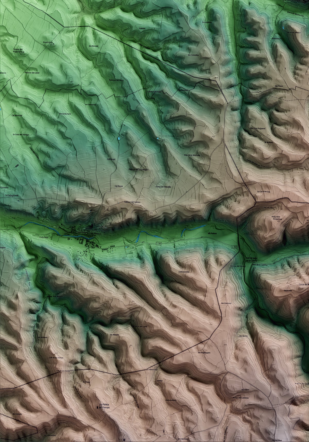 Mapa artístico del relieve de Montornès de Segarra, a la Segarra, con 15 km de entorno y base topográfica ICGC. Detalle de la zona inferior izquierda.