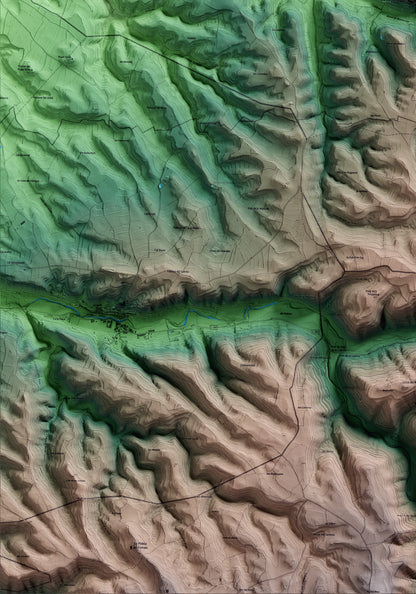 Mapa artístico del relieve de Montornès de Segarra, a la Segarra, con 15 km de entorno y base topográfica ICGC. Detalle de la zona inferior izquierda.
