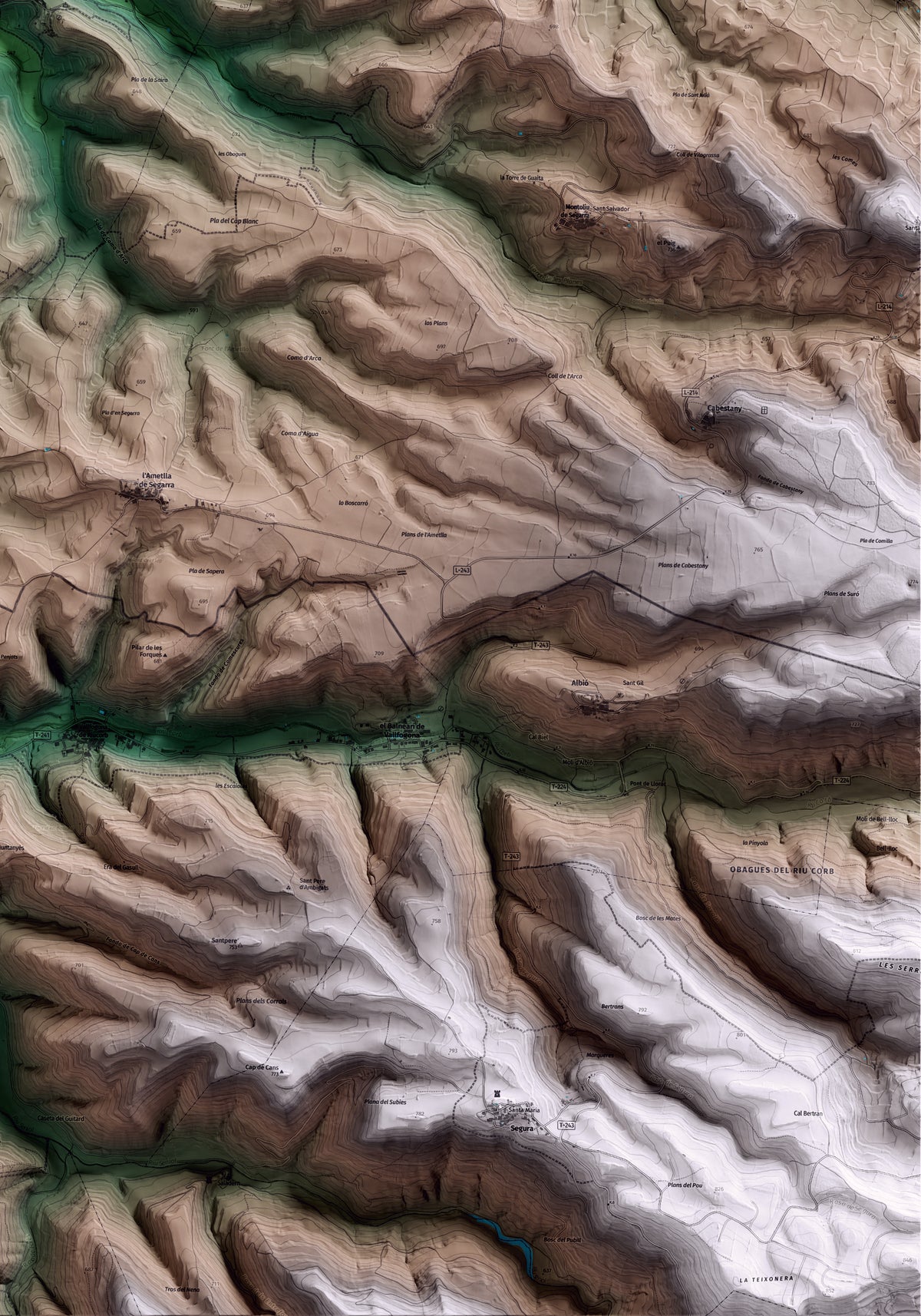 Mapa artístico del relieve de Montornès de Segarra, a la Segarra, con 15 km de entorno y base topográfica ICGC. Detalle de la zona inferior derecha.
