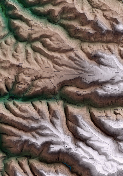 Mapa artístico del relieve de Montornès de Segarra, a la Segarra, con 15 km de entorno y base topográfica ICGC. Detalle de la zona inferior derecha.