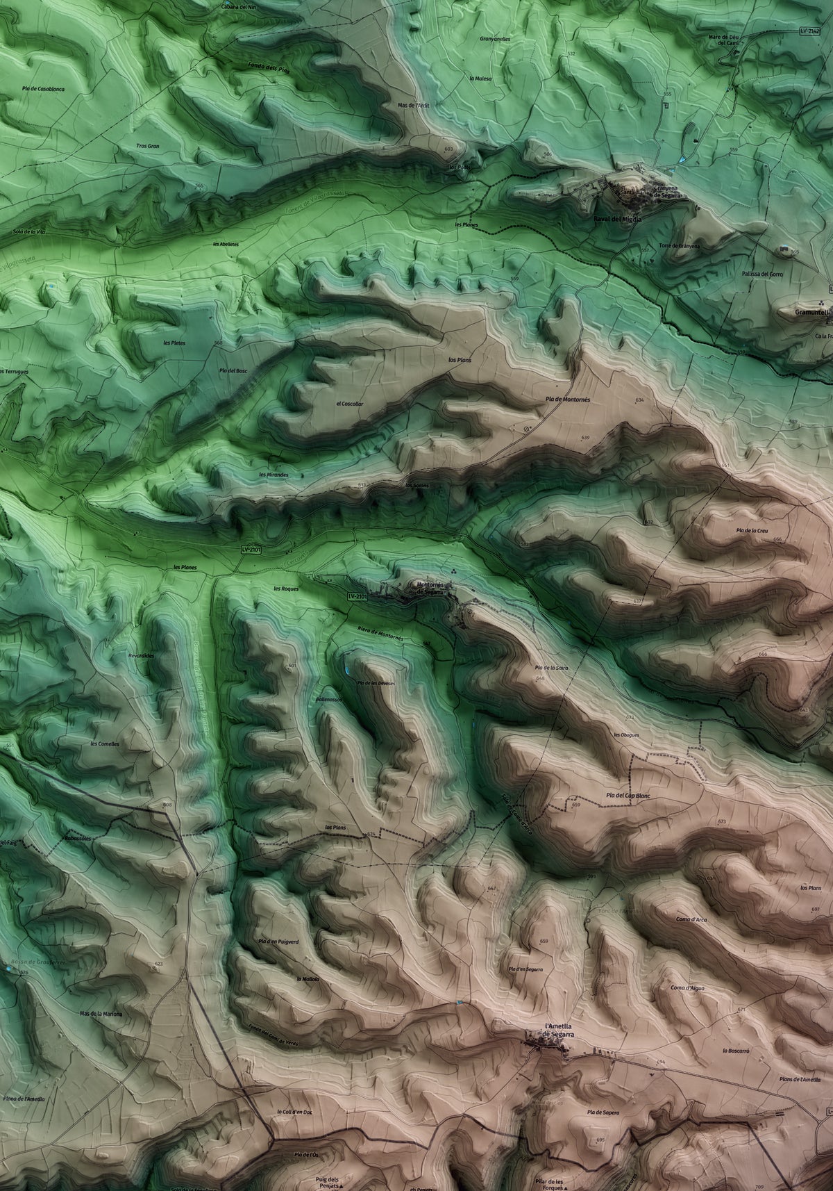 Mapa artístico del relieve de Montornès de Segarra, a la Segarra, con 15 km de entorno y base topográfica ICGC. Detalle de la zona central.