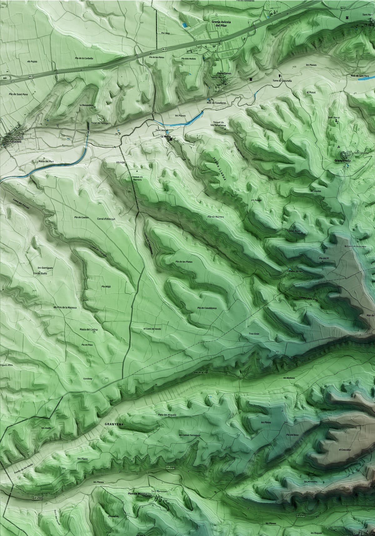 Mapa artístico del relieve de Montornès de Segarra, a la Segarra, con 15 km de entorno y base topográfica ICGC. Detalle de la zona superior izquierda.