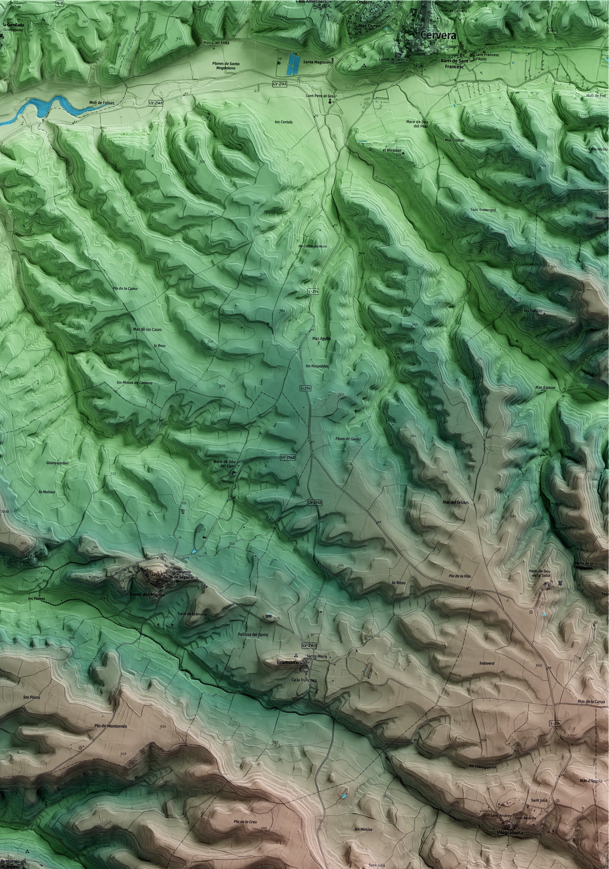 Mapa artístico del relieve de Montornès de Segarra, a la Segarra, con 15 km de entorno y base topográfica ICGC. Detalle de la zona superior derecha.