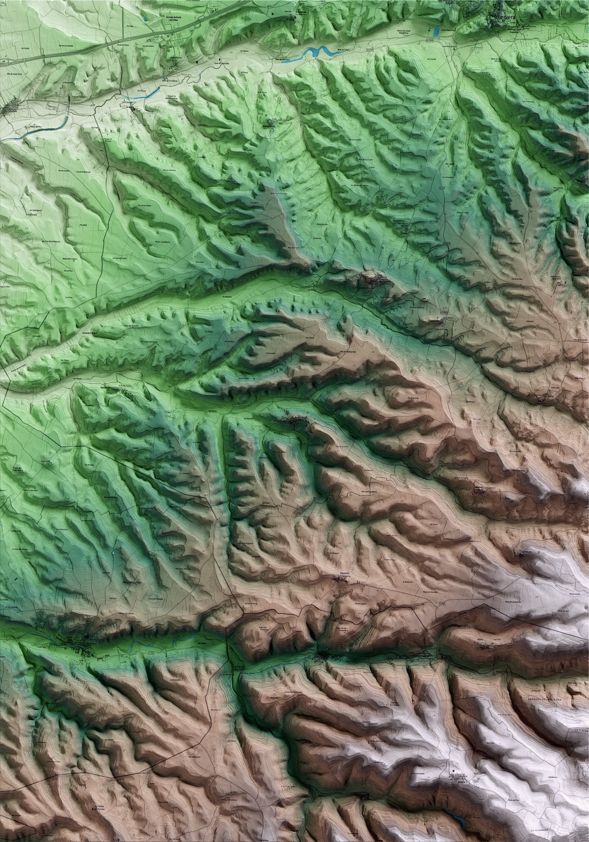 Mapa artístico del relieve de Montornès de Segarra, a la Segarra, con 15 km de entorno y base topográfica ICGC
