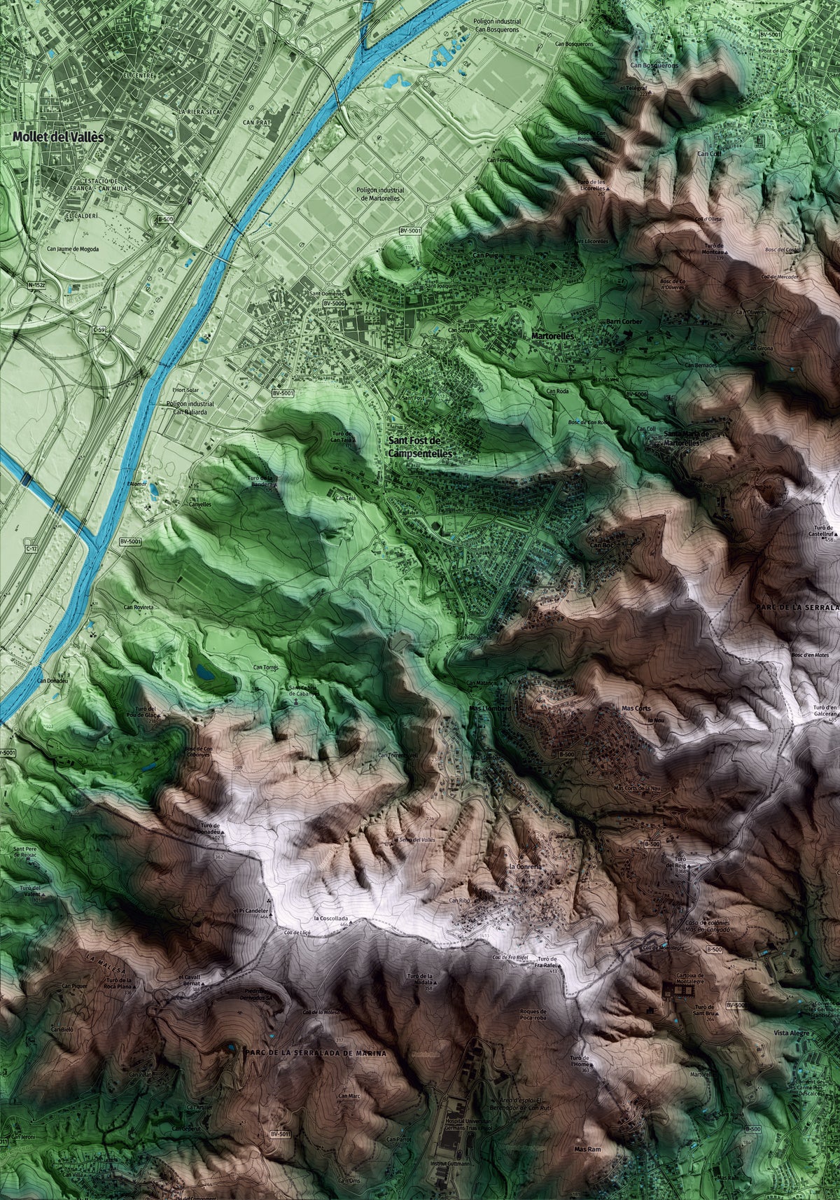 Mapa artístico del relieve de Montornès del Vallès, al Vallès Oriental, con 15 km de entorno y base topográfica ICGC. Detalle de la zona inferior izquierda.