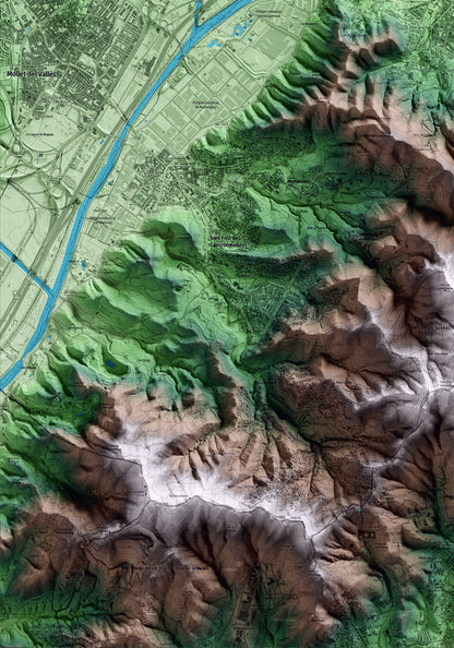 Mapa artístico del relieve de Montornès del Vallès, al Vallès Oriental, con 15 km de entorno y base topográfica ICGC. Detalle de la zona inferior izquierda.