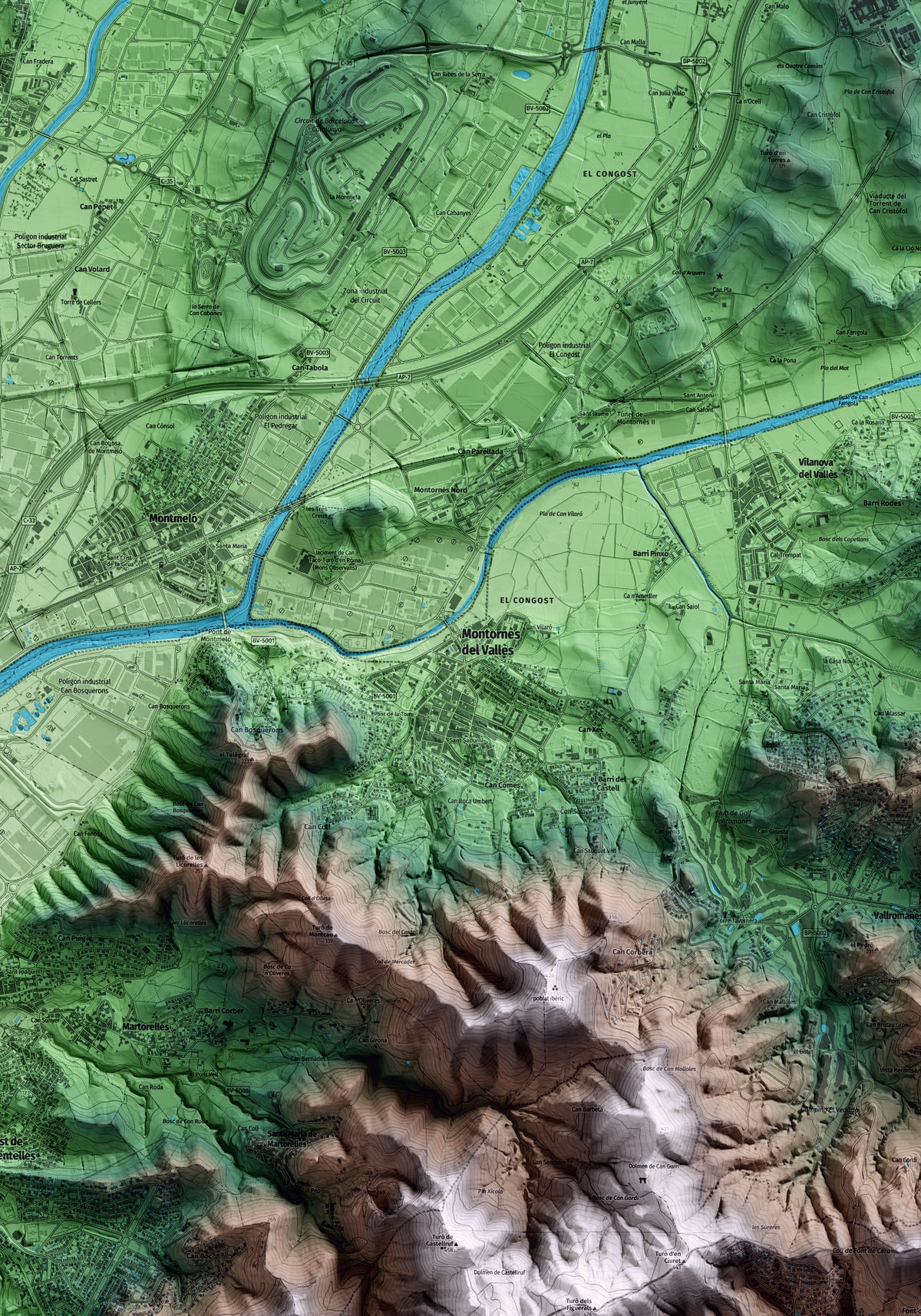 Mapa artístico del relieve de Montornès del Vallès, al Vallès Oriental, con 15 km de entorno y base topográfica ICGC. Detalle de la zona central.
