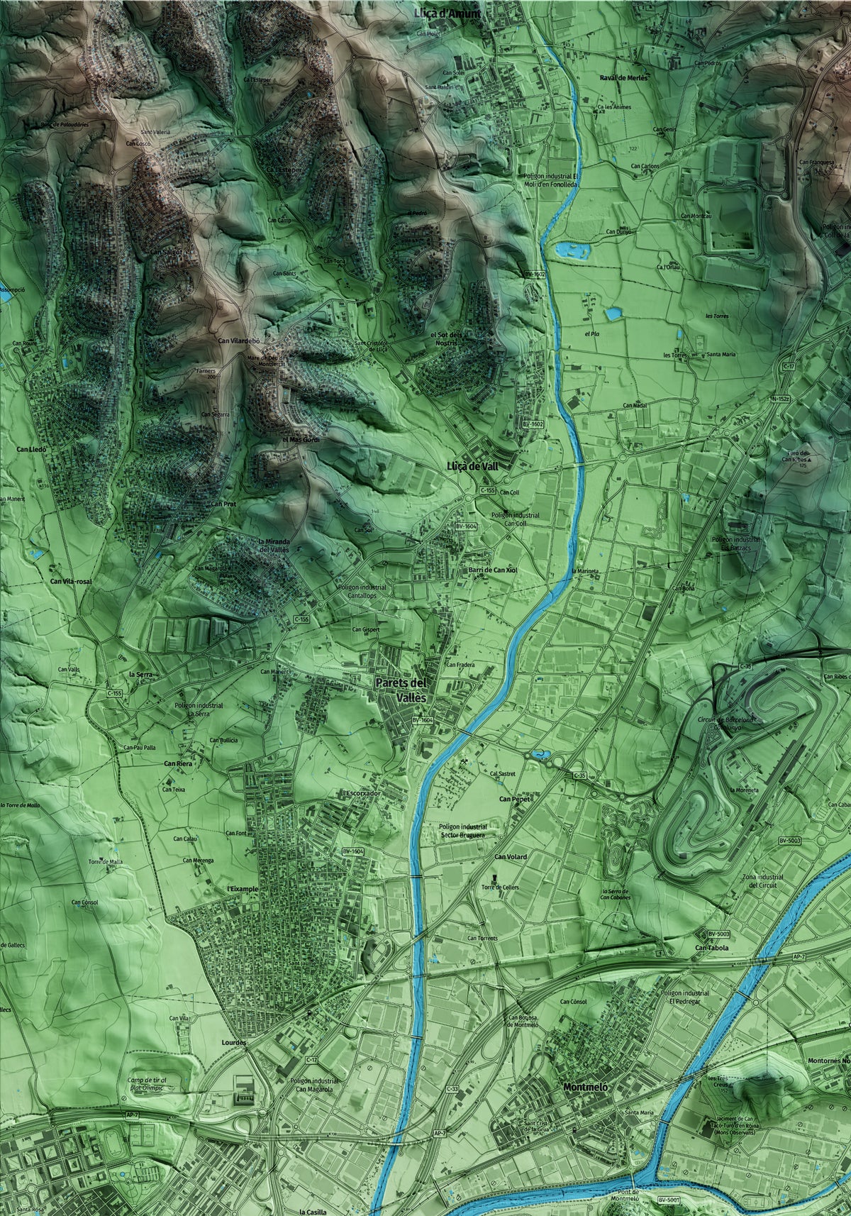 Mapa artístico del relieve de Montornès del Vallès, al Vallès Oriental, con 15 km de entorno y base topográfica ICGC. Detalle de la zona superior izquierda.