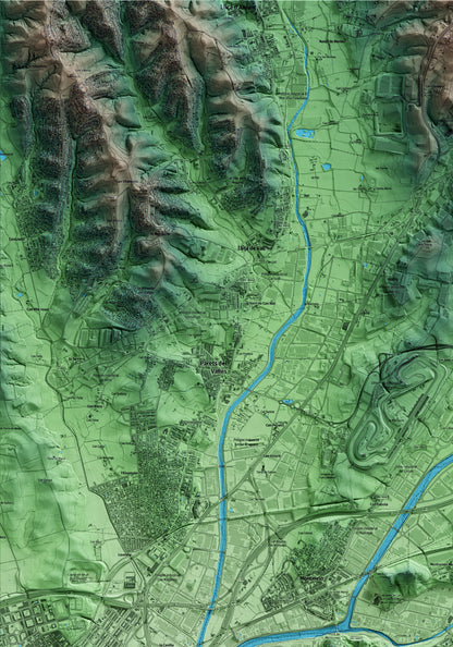 Mapa artístico del relieve de Montornès del Vallès, al Vallès Oriental, con 15 km de entorno y base topográfica ICGC. Detalle de la zona superior izquierda.