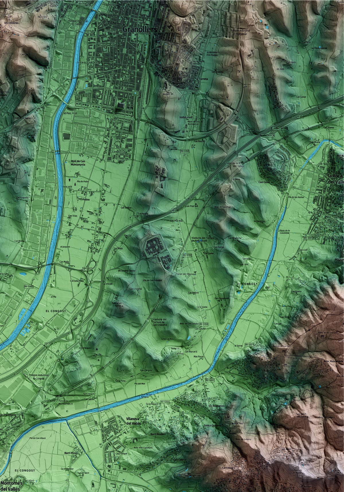 Mapa artístico del relieve de Montornès del Vallès, al Vallès Oriental, con 15 km de entorno y base topográfica ICGC. Detalle de la zona superior derecha.