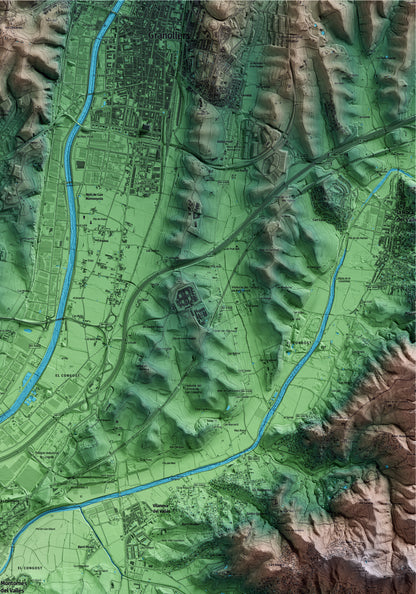 Mapa artístico del relieve de Montornès del Vallès, al Vallès Oriental, con 15 km de entorno y base topográfica ICGC. Detalle de la zona superior derecha.