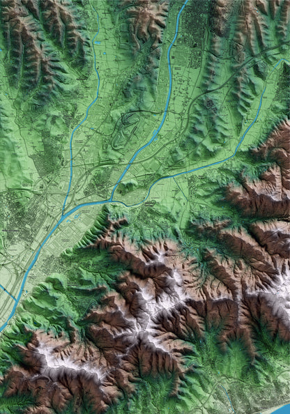 Mapa artístico del relieve de Montornès del Vallès, al Vallès Oriental, con 15 km de entorno y base topográfica ICGC