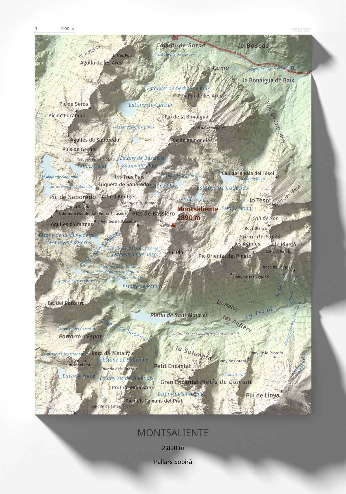 Mapa de relieve de Montsaliente, 2890 m, Pallars Sobirà, lámina 100 Cims de Trobart 21 × 30 cm.