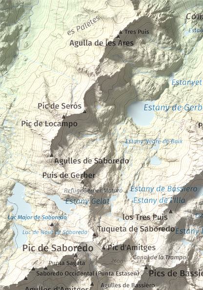 Mapa de relieve de Montsaliente, 2890 m, Pallars Sobirà, lámina 100 Cims de Trobart. Detalle de la zona superior izquierda. 21 × 30 cm.