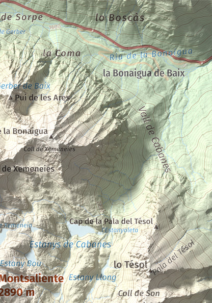 Mapa de relieve de Montsaliente, 2890 m, Pallars Sobirà, lámina 100 Cims de Trobart. Detalle de la zona superior derecha. 21 × 30 cm.