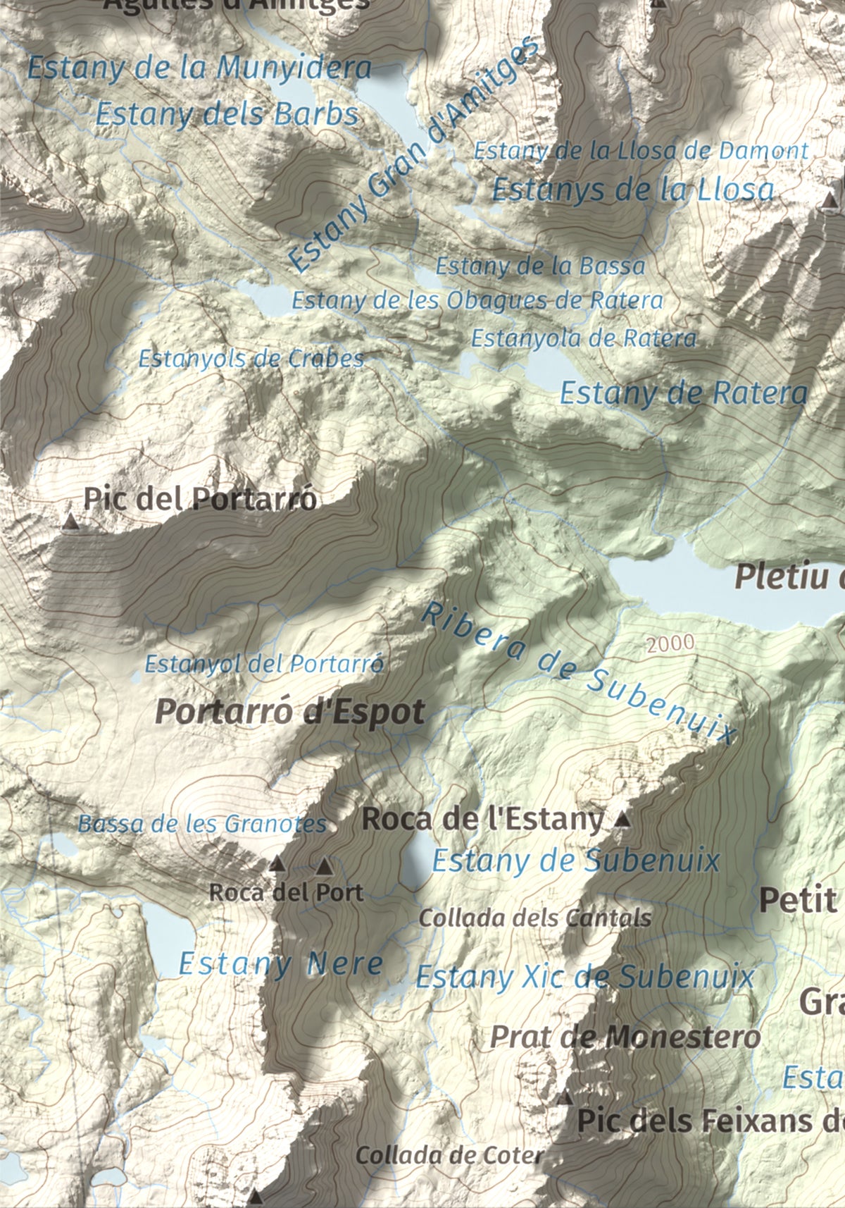 Mapa de relieve de Montsaliente, 2890 m, Pallars Sobirà, lámina 100 Cims de Trobart. Detalle de la zona inferior izquierda. 21 × 30 cm.