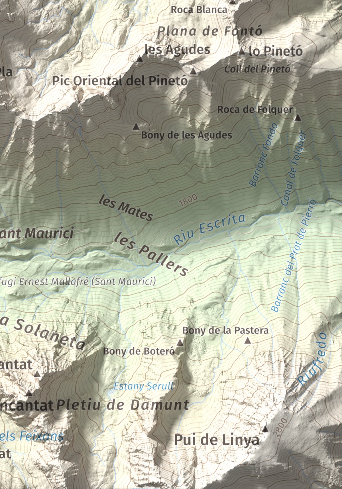 Mapa de relieve de Montsaliente, 2890 m, Pallars Sobirà, lámina 100 Cims de Trobart. Detalle de la zona inferior derecha. 21 × 30 cm.