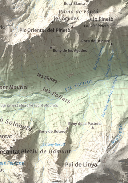 Mapa de relieve de Montsaliente, 2890 m, Pallars Sobirà, lámina 100 Cims de Trobart. Detalle de la zona inferior derecha. 21 × 30 cm.