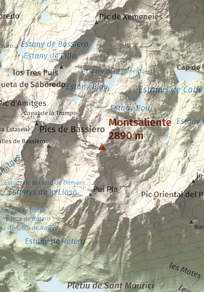 Mapa de relieve de Montsaliente, 2890 m, Pallars Sobirà, lámina 100 Cims de Trobart. Detalle de la zona central. 21 × 30 cm.